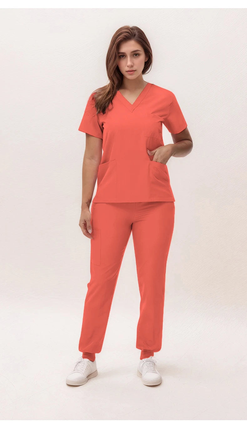 Short Sleeves Nurse Uniforms V-neck Top Jogger Pants  Women Surgical Scrubs Dentist Nursing Suit Pet Hospital Doctor Outfit S21