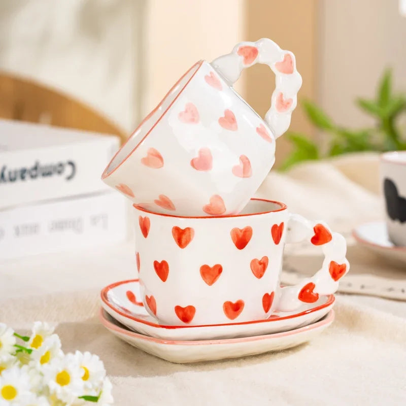 Cute Ins Style Heart Shape Coffee cup with Saucer Hand Painted Love Ceramics Mug Festival Gifts Afternoon tea Cup Breakfast cups