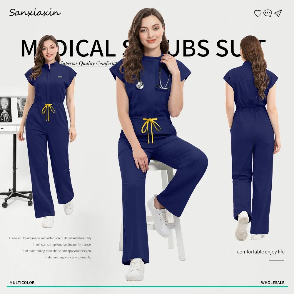 Slim Fitting Elasticity Scrubs Workwear Operating Room Medical Uniforms Nurse Scrubs Jumpsuit Women Solid Color Surgery Clothing