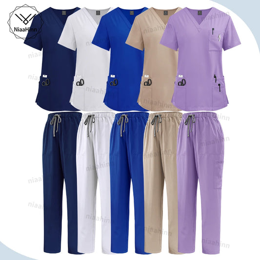 Elastic Scrub Set Operating Room Surgical Uniform Dental Veterinary Work Uniforms V-neck Short Sleeved Tops Pants Suit Wholesale