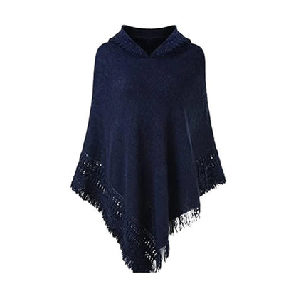 Women Winter Warm Knitted Hooded Poncho Cape Solid Color Crochet Fringed Tassel Shawl Wrap Oversized Pullover Cloak Sweater Top