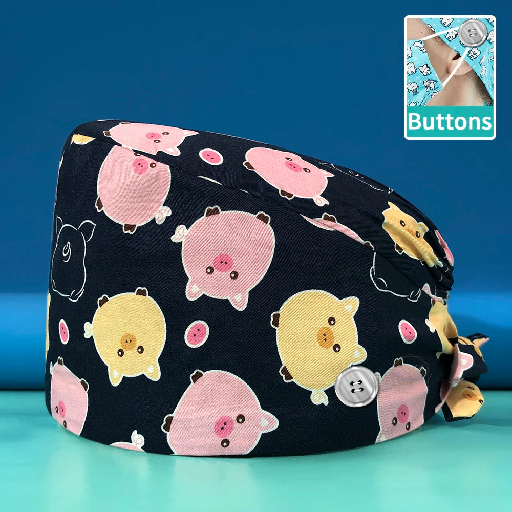 Pill Capsule Pattern Pink Scrubs Cap Female Nurse Medical Clinic Accessories Women's Operating Room Hat with Buttons Cotton Hats
