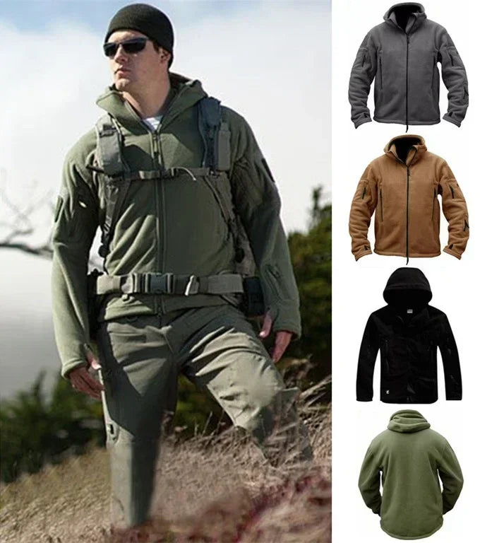 Winter Fleece Jacket Men's Military Tactical Jacket Solid Warm Fleece Coats with Hat Outdoor Sports Combat Hiking Polar Jacket