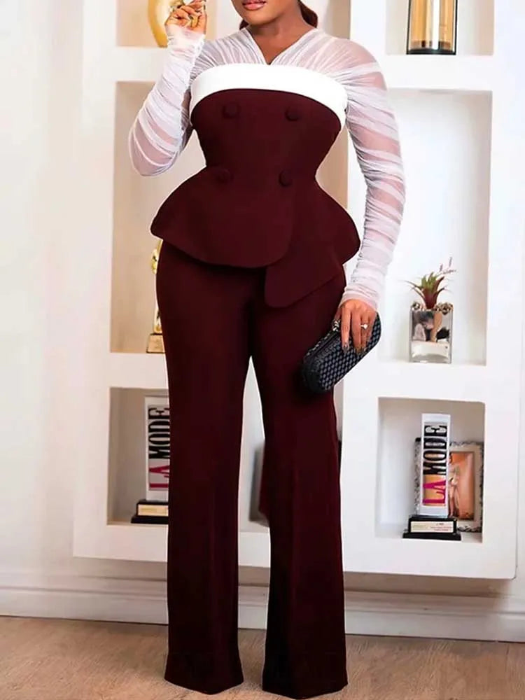 Women Elegant Two Piece Pants Set Female Office Wear White Mesh Sleeves Slim Top and Slacks Pant Sets Sexy Chic Spring Outfits
