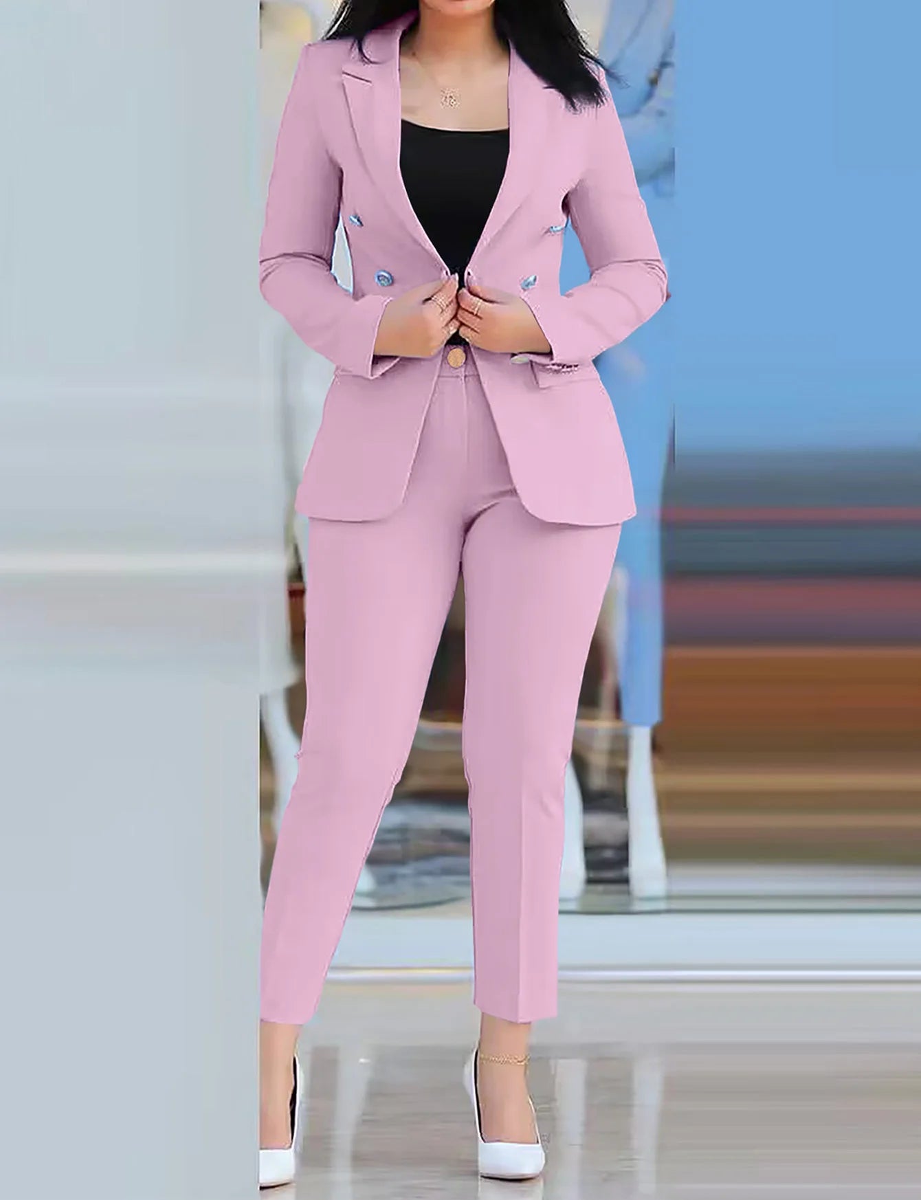 Sets for Women 2 Pieces 2023 Autumn Fashion Notched Neck Long Sleeve Blazer & Elegant High Waist Work Pants Set Office Lady