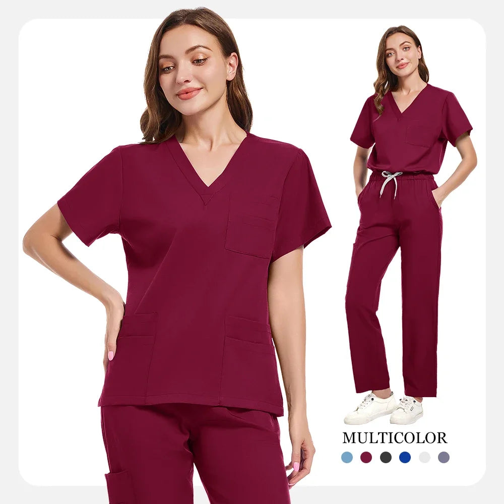 New Scrubs Set Medical Uniforms Stretch Scrub Tops With Pocket Pants Nurse Uniform Doctor Surgery Overalls Beauty Salon Workwear
