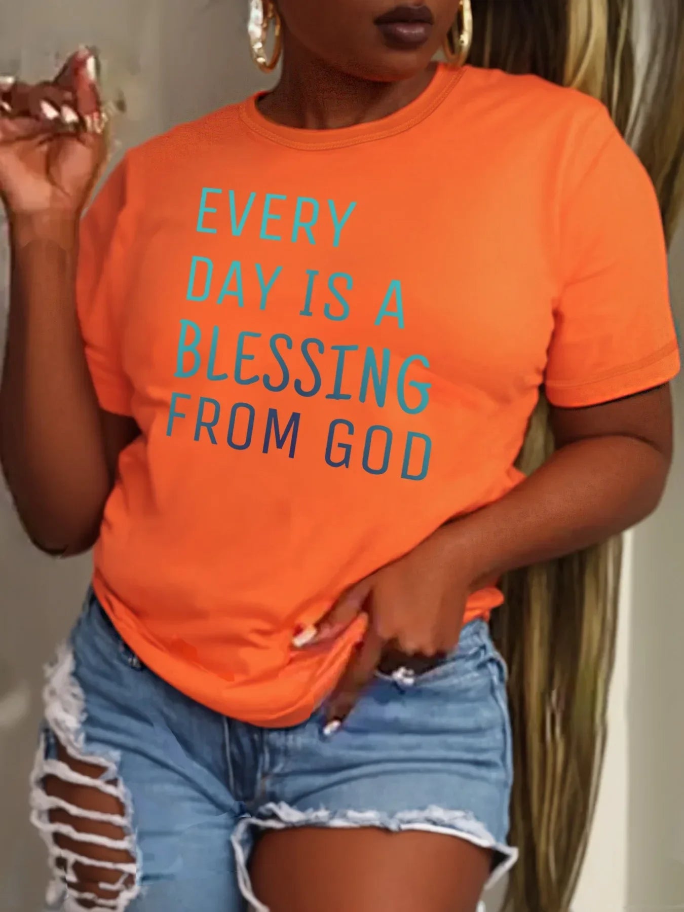 Women Plus Size Clothing Summer Round Neck Short Sleeve Printed Letter Casual BLESSING Plus Size T-Shirts Y2k Top