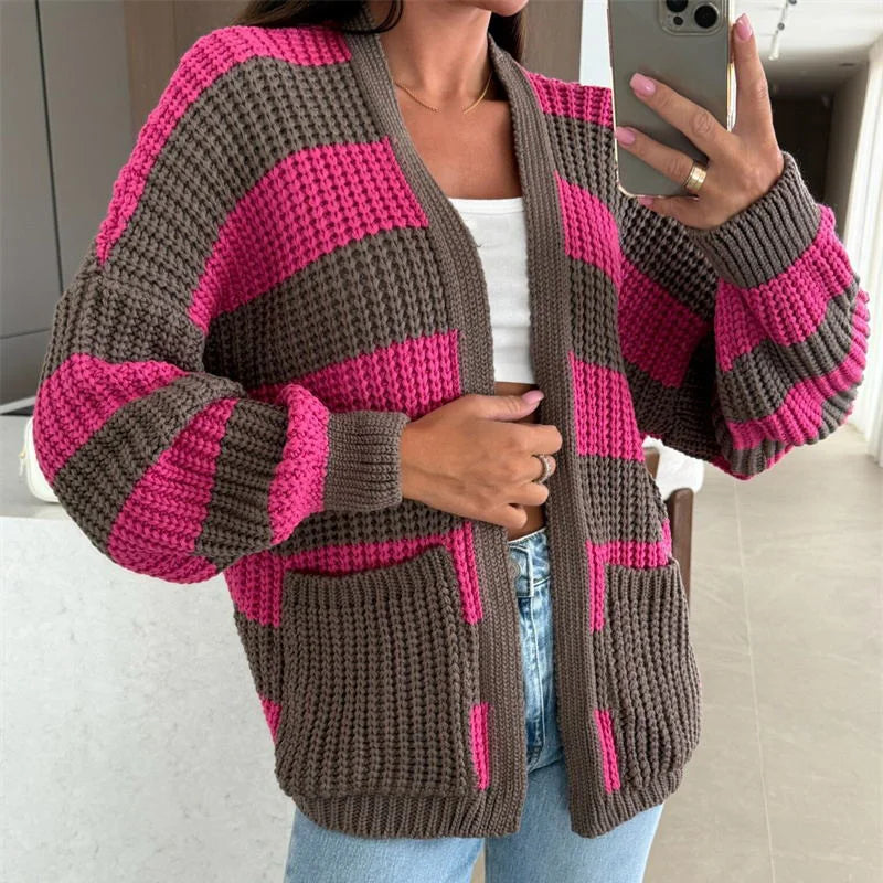 Autumn Winter Warm Knitted Sweater for Women Fashion Contrast Color Loose Top Cardigan Casual Long Sleeve Pocket Jumper Harajuku