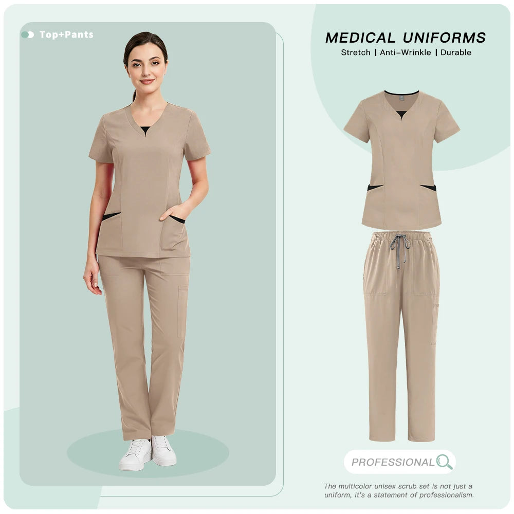 Medical Uniforms for V-neck Hospital Nurse Scrubs Set Women Doctor Workwear Oral Dental Surgery Work Top+Pants New Beauty Suit