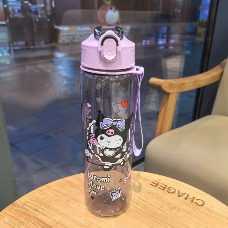 800ML Children's Cartoon Kuromi Transparent Pop-up Spout Water Cup Hand-held Strap Anti-fall Kettle Portable Outdoor Space Cup