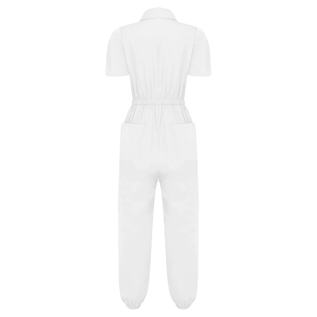 Womens Short Sleeve Scrubs Jumpsuit Front Zipper Elastic Waist Jogger Pants Rompers Nurse Doctor Workwear for Caring Nursing