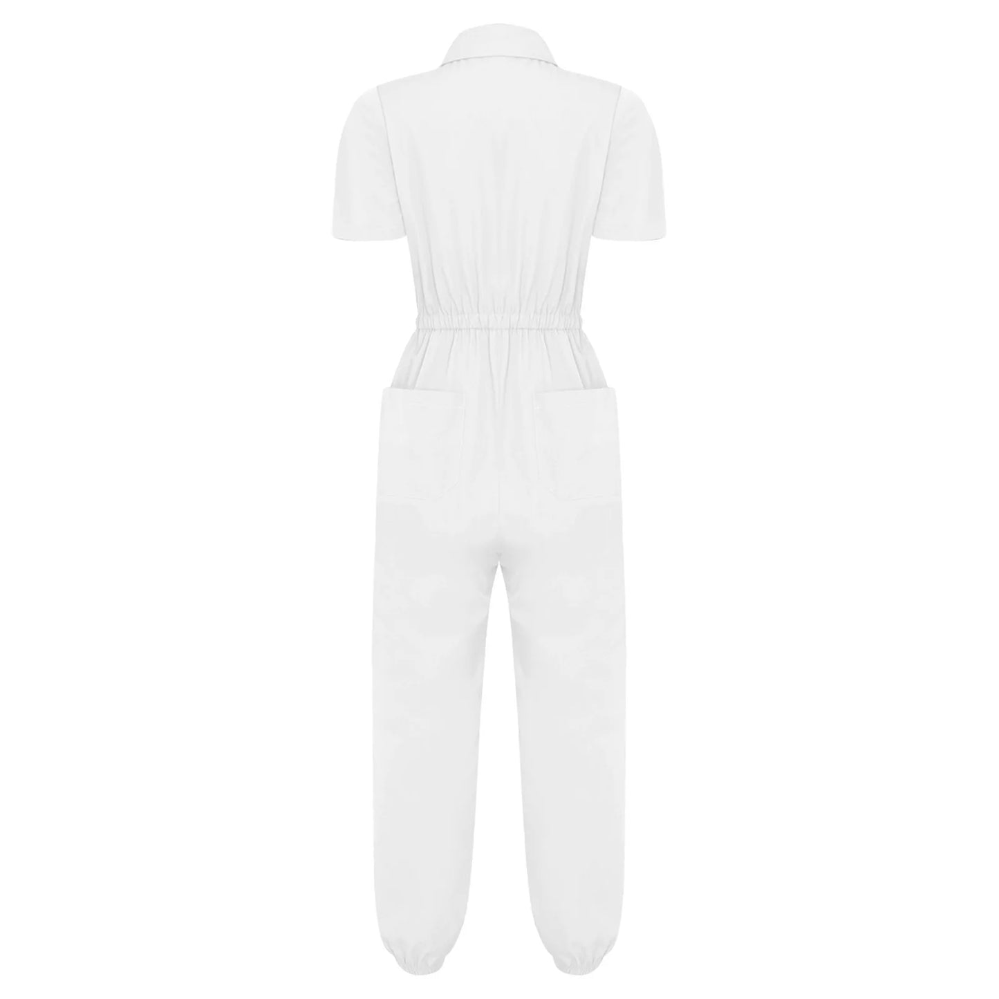 Women Scrub Jumpsuit Nurse Doctor Medical Esthetician Workwear Short Sleeve Multi-pockets Elastic Waist Jogger Pants Rompers