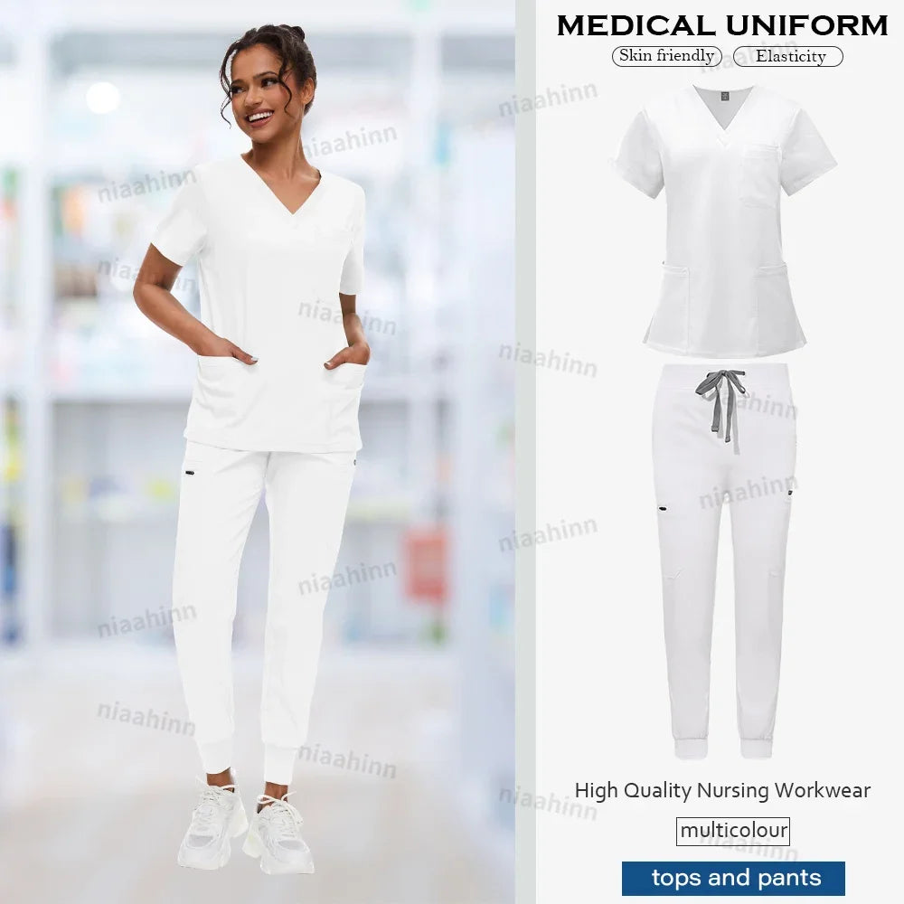 Doctor Nursing Uniforms Multicolour Jogger Suit V-neck Tops Pocket Pants Nurse Scrubs Set New Medical Clinical Clothes Women Men