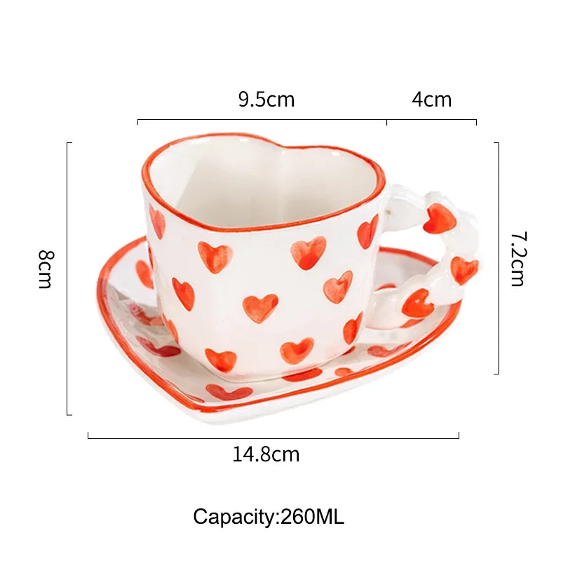 Cute Ins Style Heart Shape Coffee cup with Saucer Hand Painted Love Ceramics Mug Festival Gifts Afternoon tea Cup Breakfast cups