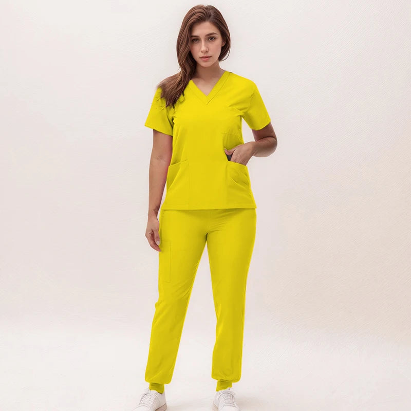 Short Sleeves Nurse Uniforms V-neck Top Jogger Pants  Women Surgical Scrubs Dentist Nursing Suit Pet Hospital Doctor Outfit S21