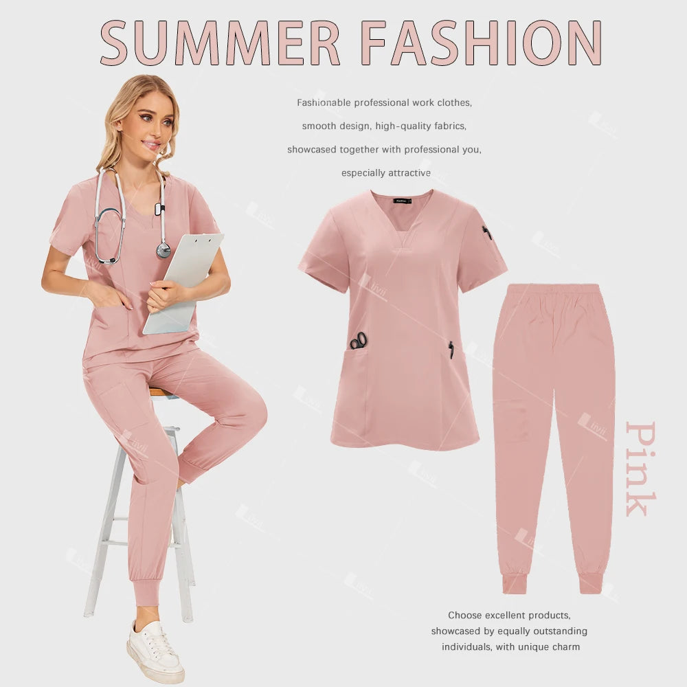 Medical Scrub Set Women Wholesale Hospital Doctor Dentist Work Clothes Surgical Scrub Top Jogging Pants Multicolor Nurse Uniform