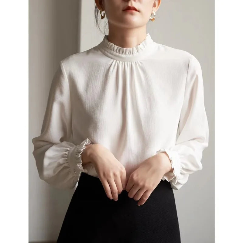 Ruffles Elegant Women Blouses Woman White Shirt Long Sleeve Shirts Office Lady Business Commuter  Solid Women Work Tops French