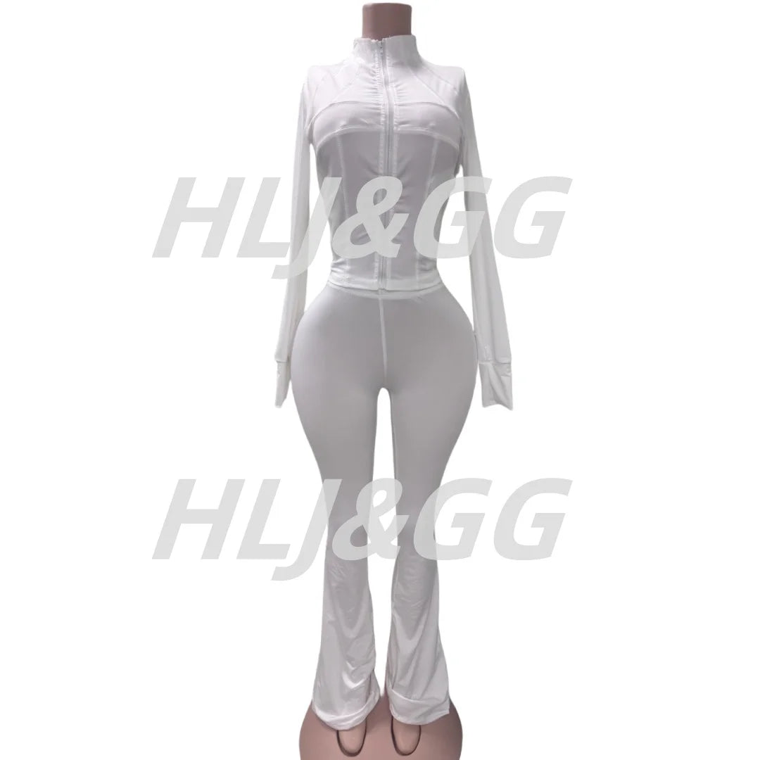HLJ&GG Casual Solid Sporty Two Piece Sets Women Zipper Long Sleeve Slim Top And Skinny Pants Outfits Spring New 2pcs Tracksuits