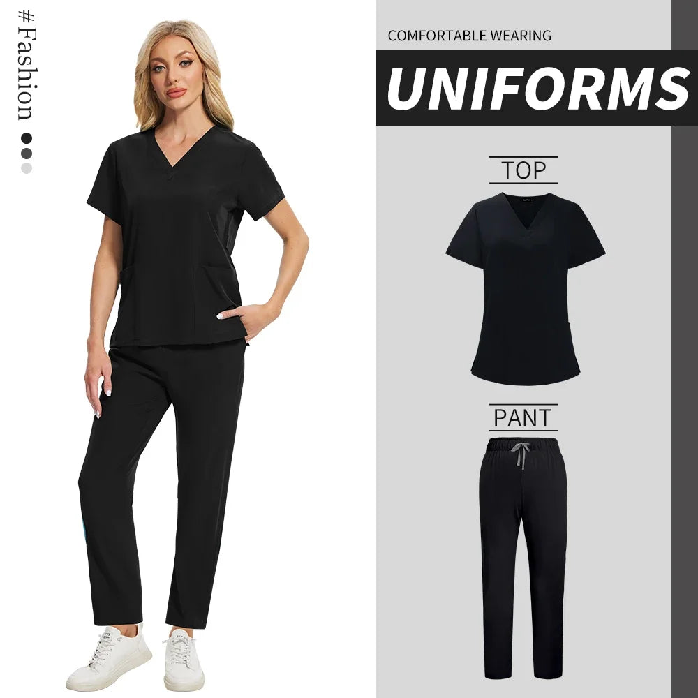 Women Health Service Nurse Uniforms Scrub Set Beauty Salon Spa Workwear Scrubs Top+Pant Doctor Nursing Tunic Suit