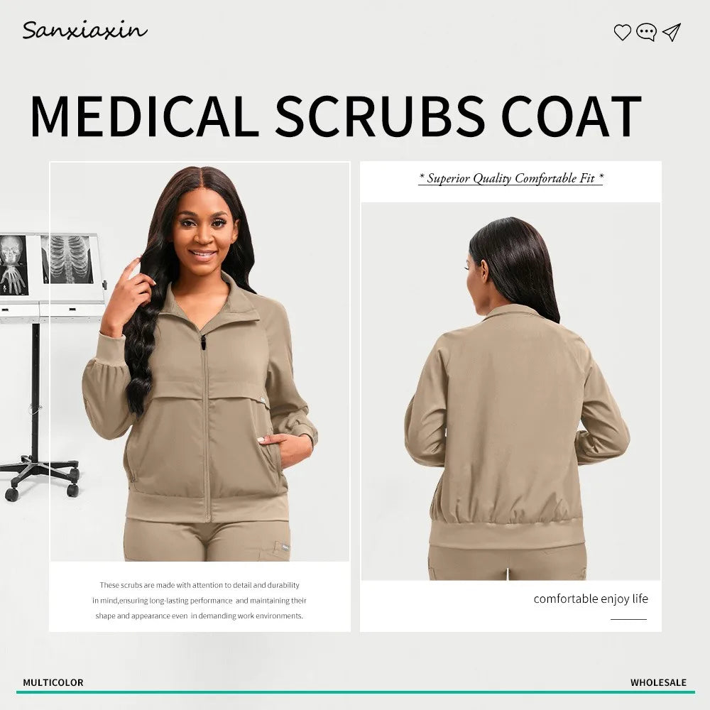 Long Sleeved Medical Scrub Jacket Pharmacy Uniform Women Solid Nurse Hospital Scrub Coat Surgical Uniforms Beauty Salon Workwear
