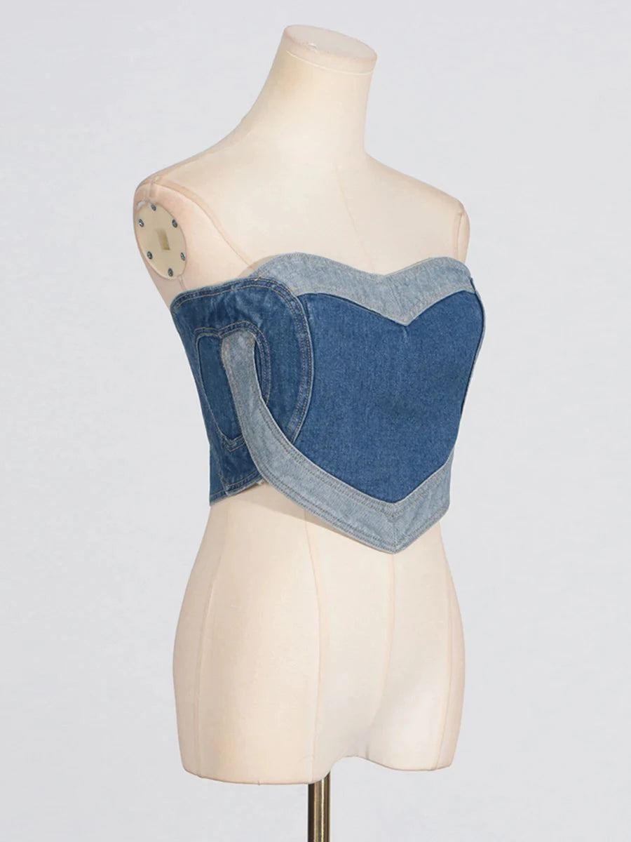 CHICEVER Retro Hot Girl Two Piece for Women Strapless Sleeveless Patchwork Denim Vest  Irregular Hollow Pant Summer Suit Female