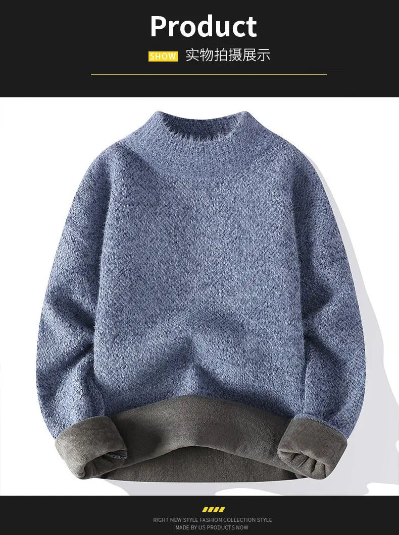 New Winter Men Mock Neck Sweaters Fleece Warm Knitted Pullovers Man Streetwear Loose Casual Sweaters Good Quality Male Pullovers