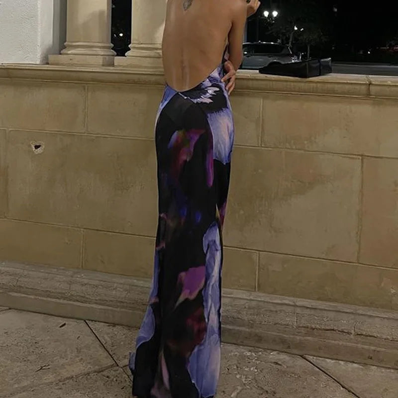 Fashion Sexy Sleeveless V Neck High Waist Halter Party Cocktail Maxi Dress Women Elegant Print Corset Evening Dress