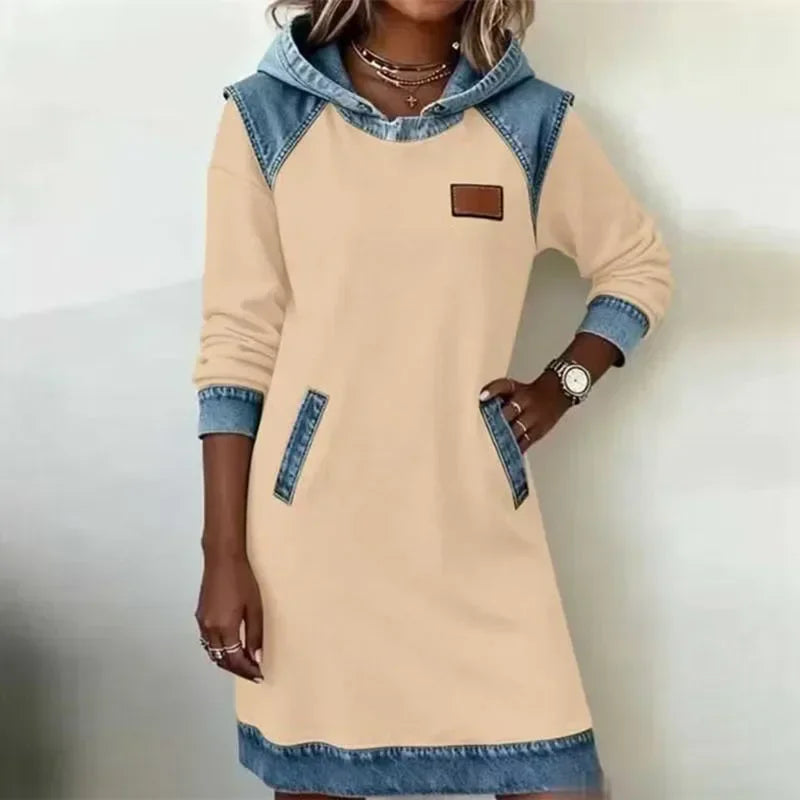 Winter Hoodies Sweatshirt Dress Autumn Pullover Denim Contrast Patchwork Hoodeder Dress Woman Casual Long Sleeve Pocket Dress
