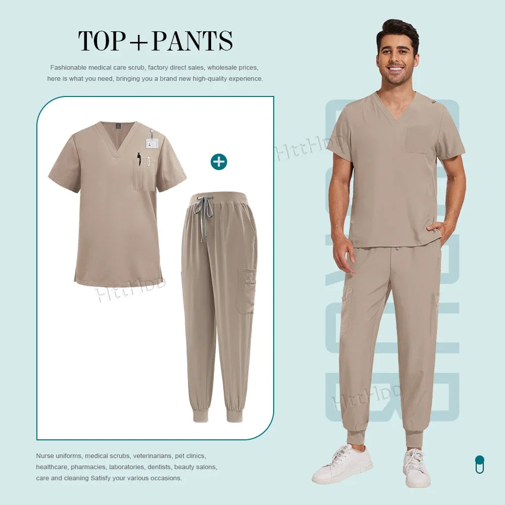 Scrubs Set Men Medical Uniforms Stretch Scrub Tops with Pocket Pants Nurse Uniform Doctor Surgery Overalls Beauty Salon Workwear