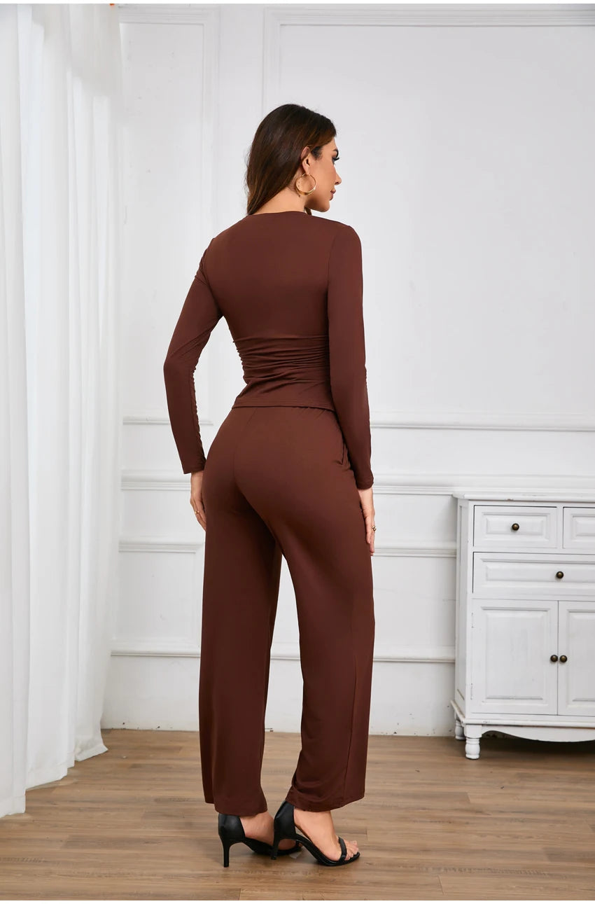Autumn Winter Trend Fashion Women's Two Pieces Set Solid Casual O Neck Long Sleeve T-shirts & High Waist Wide Leg Pants Sets