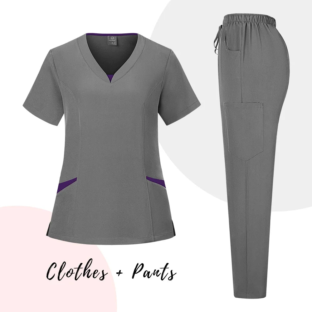 New Scrubs Uniform Suit Short Sleeve V-neck Tops+ Pants Set Nursing Uniform Women Multicolor Pet Doctor Scrub Medical Workwear