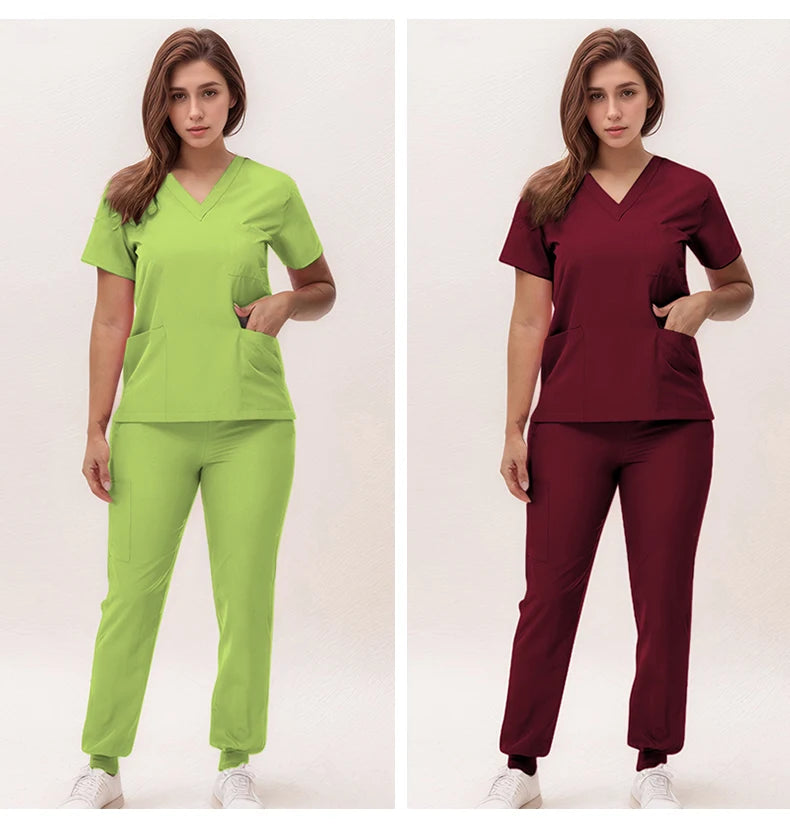 Short Sleeves Nurse Uniforms V-neck Top Jogger Pants  Women Surgical Scrubs Dentist Nursing Suit Pet Hospital Doctor Outfit S21