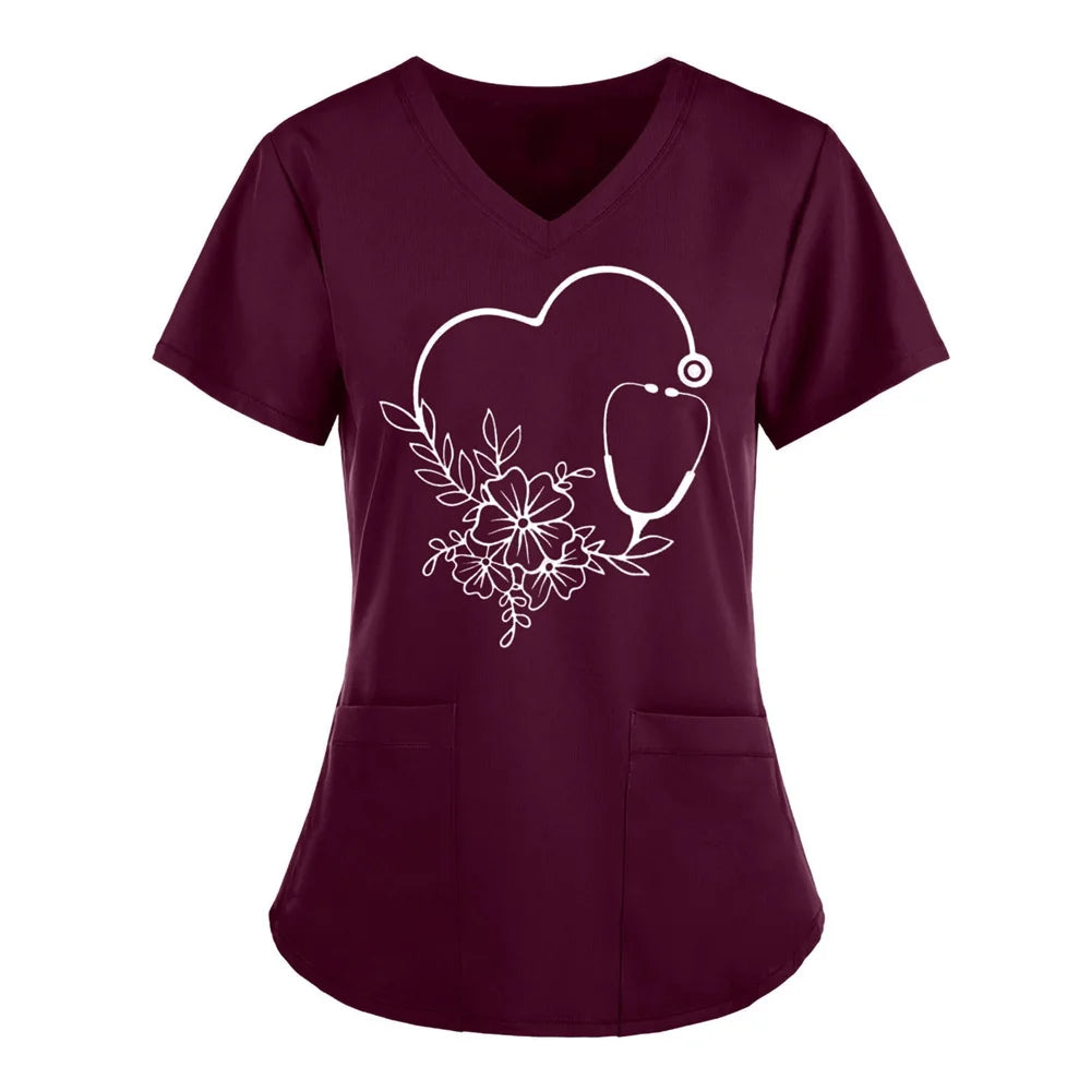 Women T-shirt Working Uniform Print Pocket Pet Grooming Nurse Uniform Clothing Hospital Solid Short Sleeve Spa V-Neck Scrub Tops