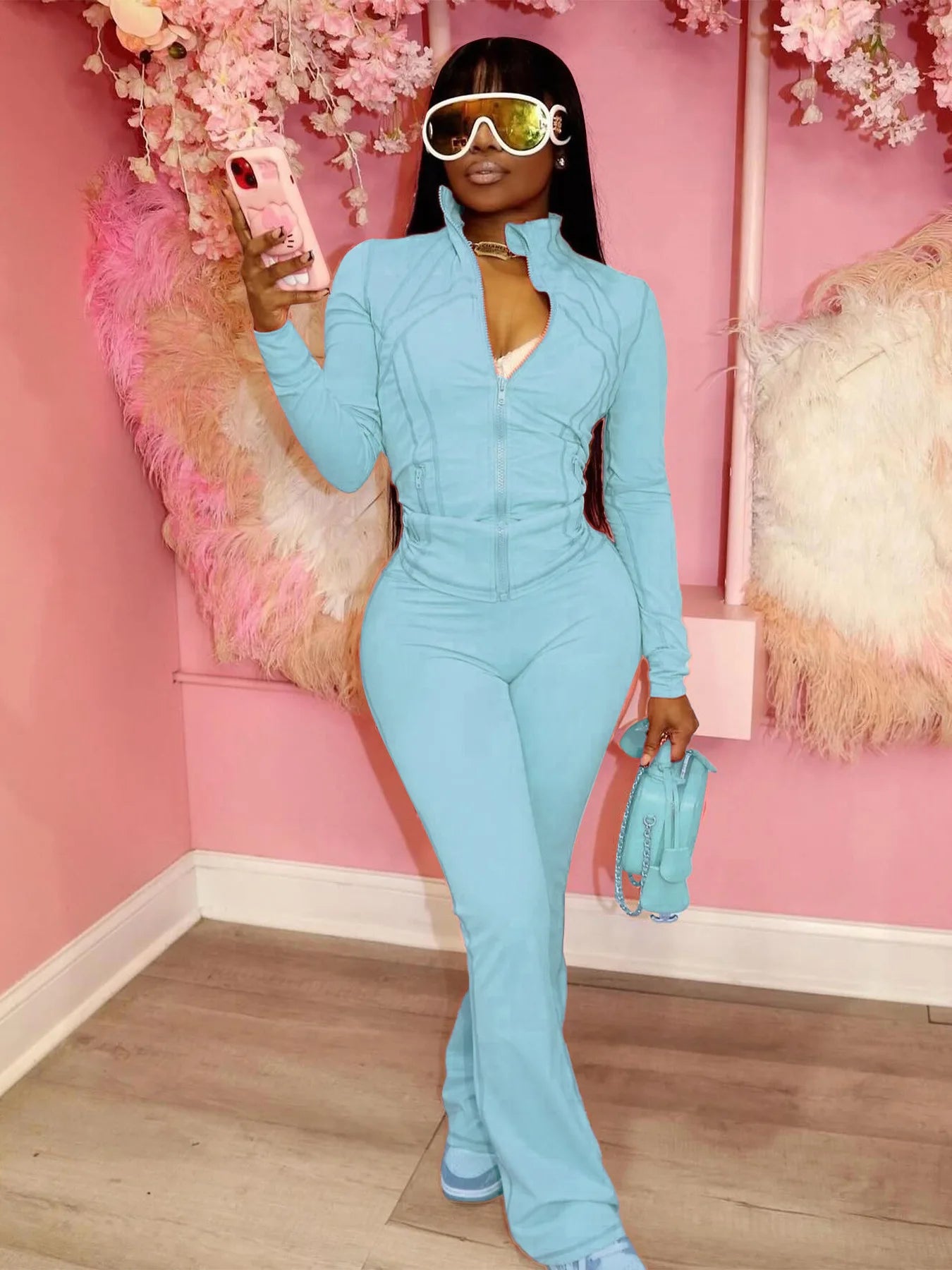 HLJ&GG Casual Solid Sporty Two Piece Sets Women Zipper Long Sleeve Slim Top And Skinny Pants Outfits Spring New 2pcs Tracksuits