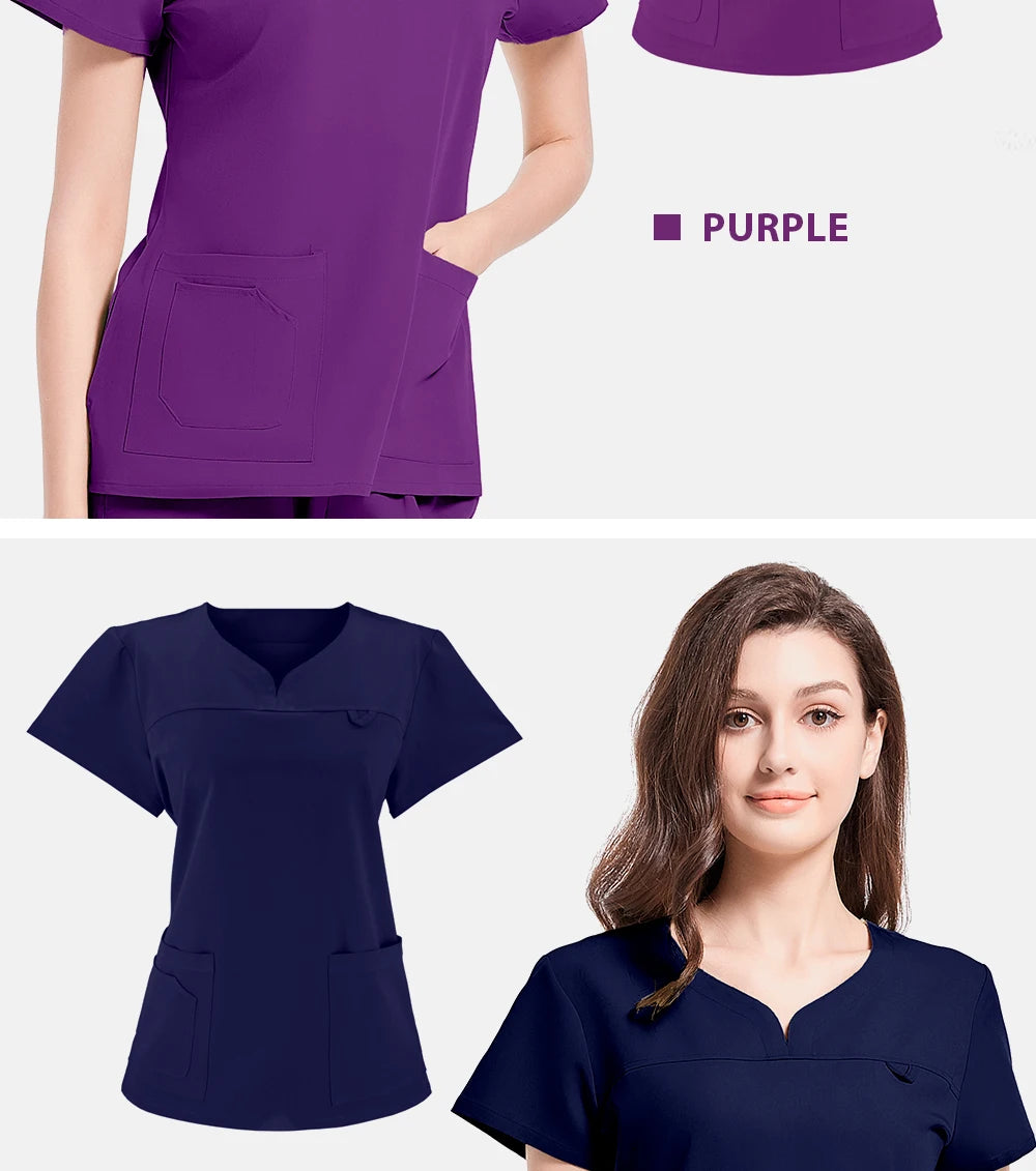 Slim fitting elasticity nurse scrubs tops dentistry doctor lab spa uniform surgical Scrub shirt for woman pharmacy pet hospital