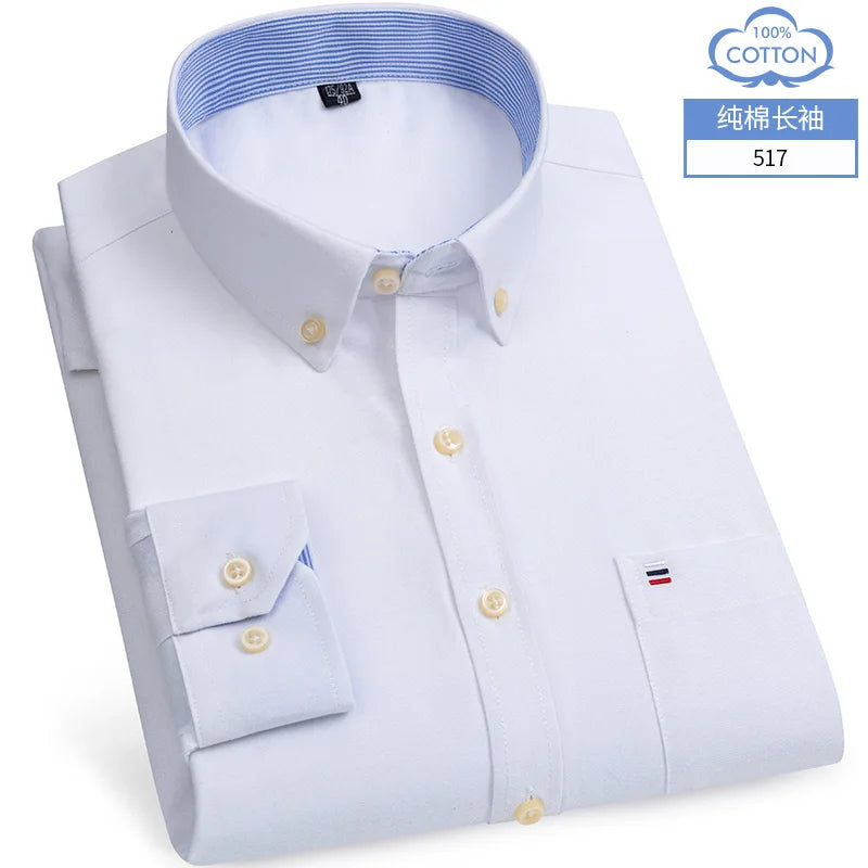 New S-7XLCotton Oxford Shirt For Mens Long Sleeve Plaid Striped Casual Shirts Male Pocket Regular-Fit Button-Down Work Man Shirt