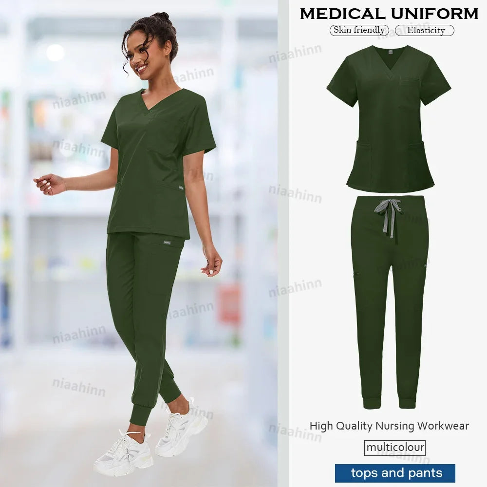 Doctor Nursing Uniforms Multicolour Jogger Suit V-neck Tops Pocket Pants Nurse Scrubs Set New Medical Clinical Clothes Women Men