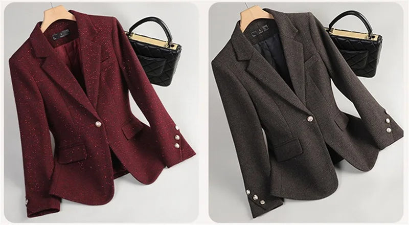 Autumn Winter Women Blazer Long Sleeve Single Button Formal Jacket Business Coat Ladies Office Woolen Suit Coat Female Outerwear