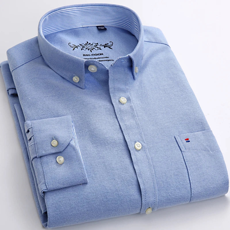 New S-7XLCotton Oxford Shirt For Mens Long Sleeve Plaid Striped Casual Shirts Male Pocket Regular-Fit Button-Down Work Man Shirt