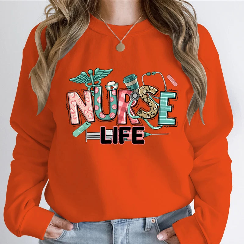 Woman Clothing Nurse Life Cartoon Classic Design Sweatshirts Nurse Gifts Autumn Hoodies Registered Nurse Gift Cartoon Sweatshirt