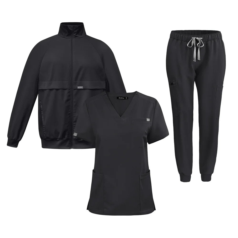 Elastic V-neck nurse hand washing suit three piece set, short sleeved pants and jacket, comfortable surgical suit set