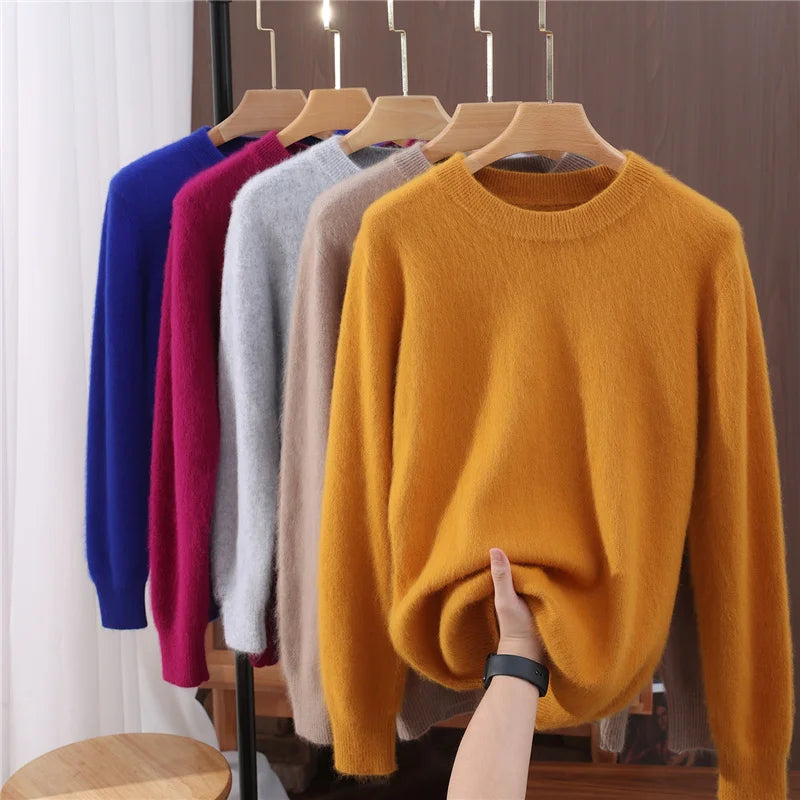 Autumn Winter Sweater Pullover Women's Clothing 100% Mink Cashmere Sweater Pullover O-Neck Basic Long Sleeve Warm Fleece Knitted