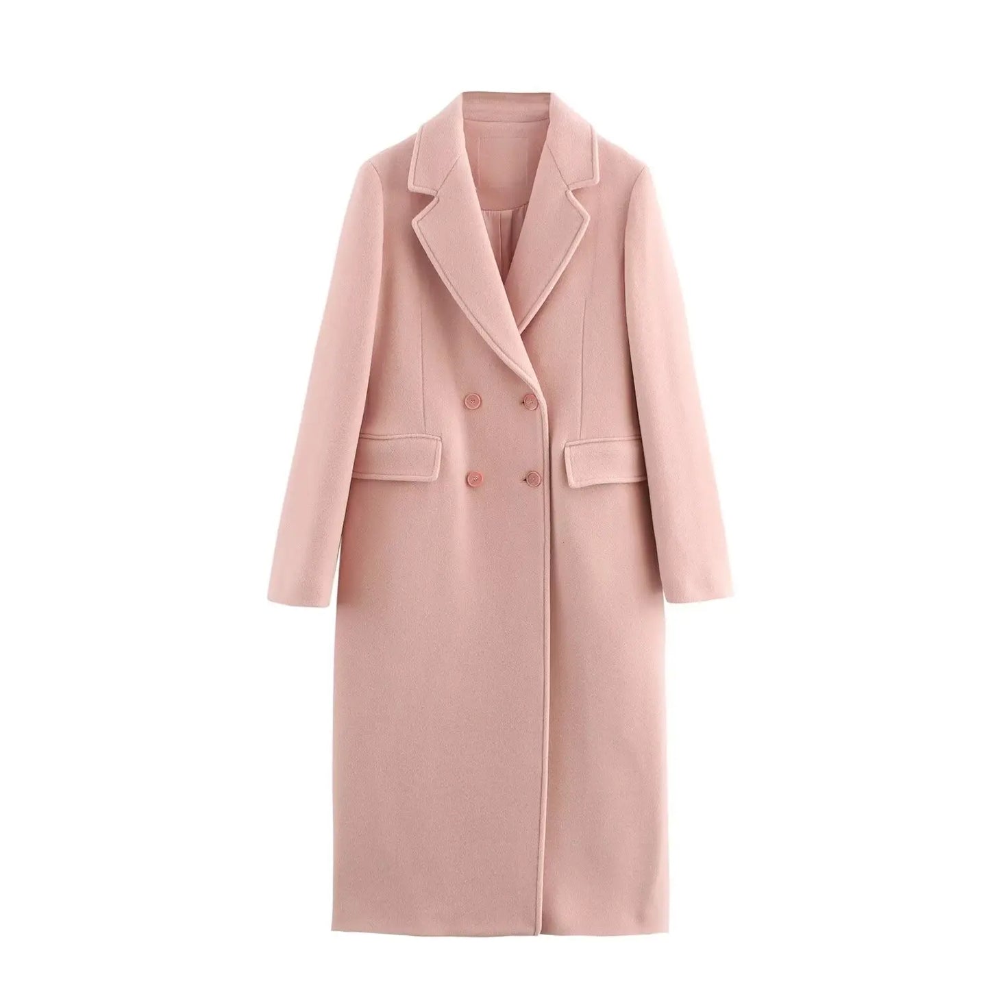 HH Female Autumn Winter Fashion Woolen Long Coat Woman Casual Turn-Down Collar Long Sleeves Pockets Double Breasted Coat