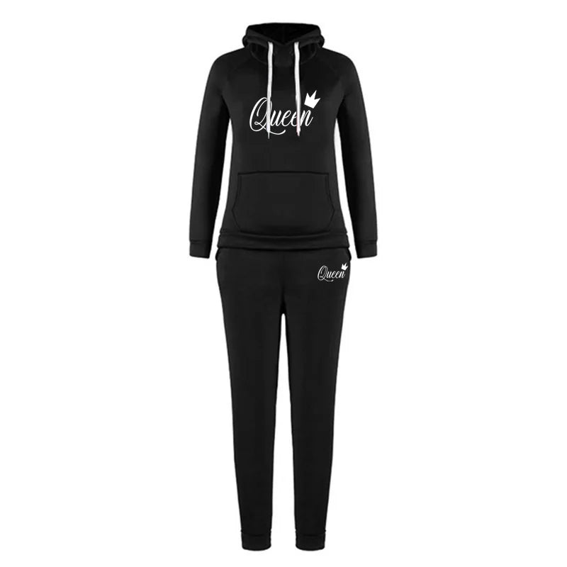 Plus Size Women's Two-piece QUEEN Printed Sportswear Jogging Suit Women's Hooded Sportswear Suit Clothes Hoodie + Sweatpants