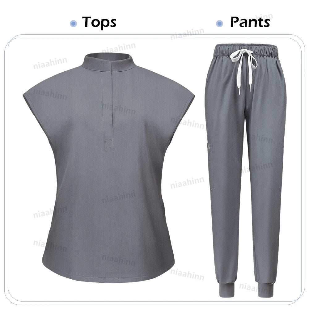 Niaahinn Scrubs Hot Sales Jogger Scrub Sets Women Solid Color Breathable Work Clothes Lab Coat Uniform Hospital Doctor Work Wear