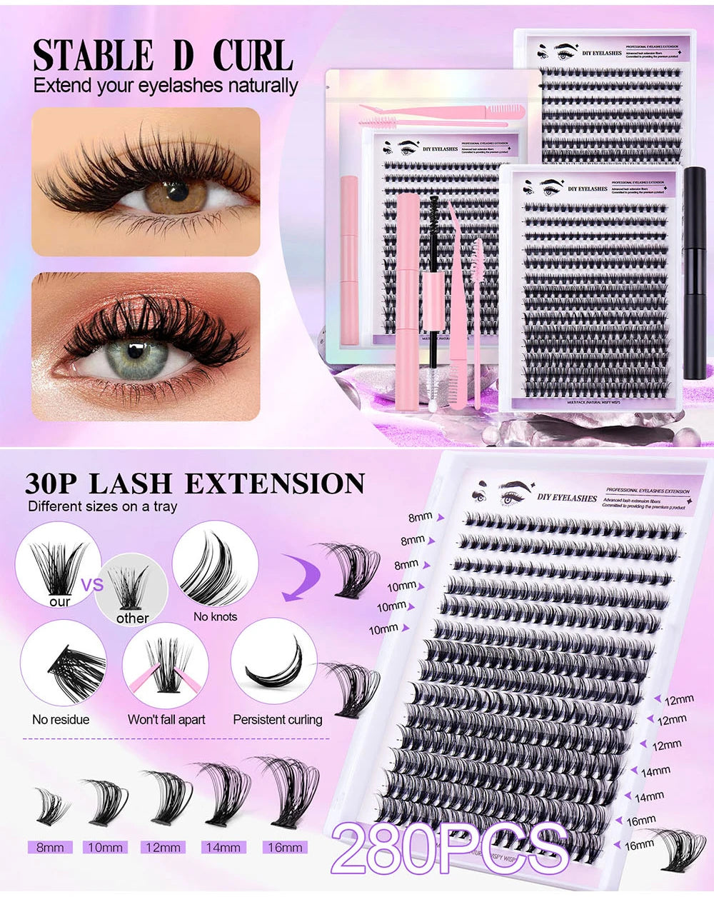 DIY Eyelash Extension Kit, 280 PCS Clusters Slender Stems, Super Fixed Mascara Brush Bond and Seal Eyelash Glue and Eyel