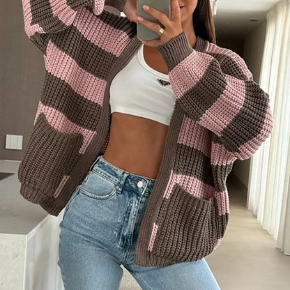 Autumn Winter Warm Knitted Sweater for Women Fashion Contrast Color Loose Top Cardigan Casual Long Sleeve Pocket Jumper Harajuku