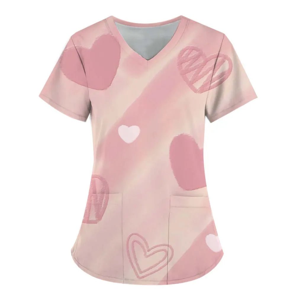 Heart Print V-Neck Stretchy Medical Uniform for Women Casual Short Sleeve Patched Pockets Tops Scrubs Medical Uniforms Woman
