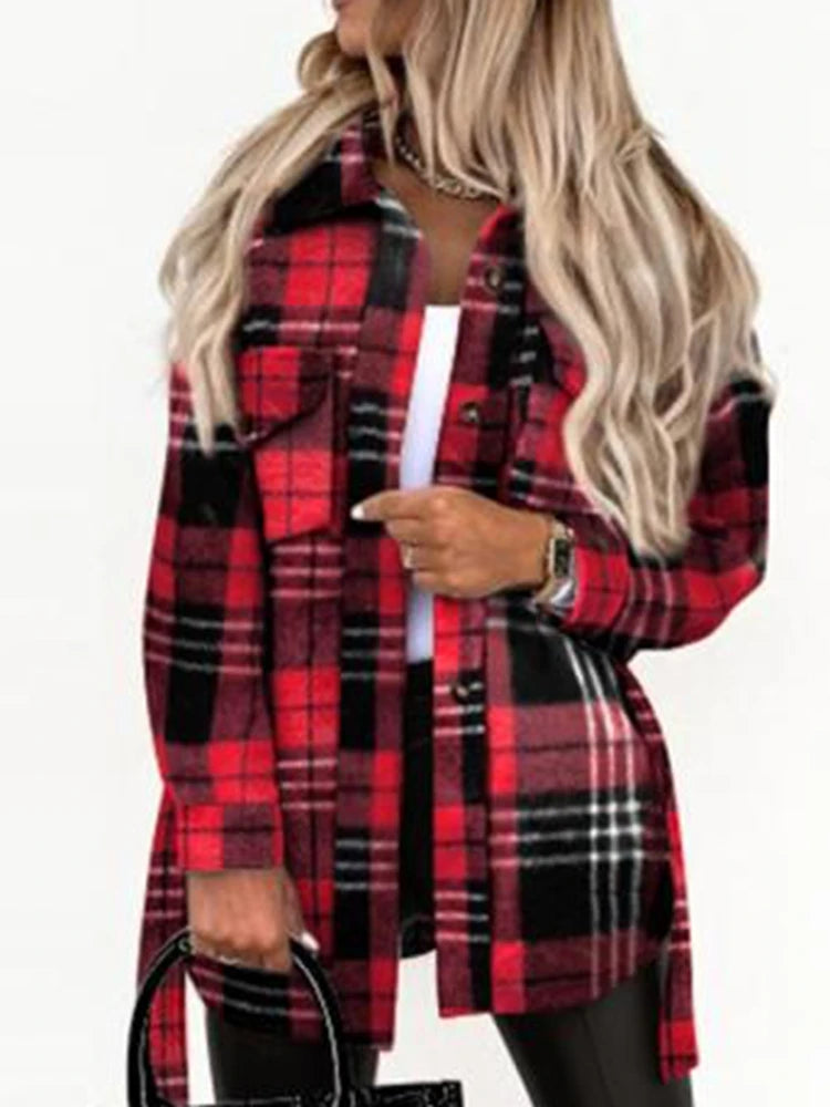 Women's Fashion Autumn and Winter Blouses Jackets Strap Plaid Printed Woolen Jacket Ladies Casual Pockets Coats Clothing