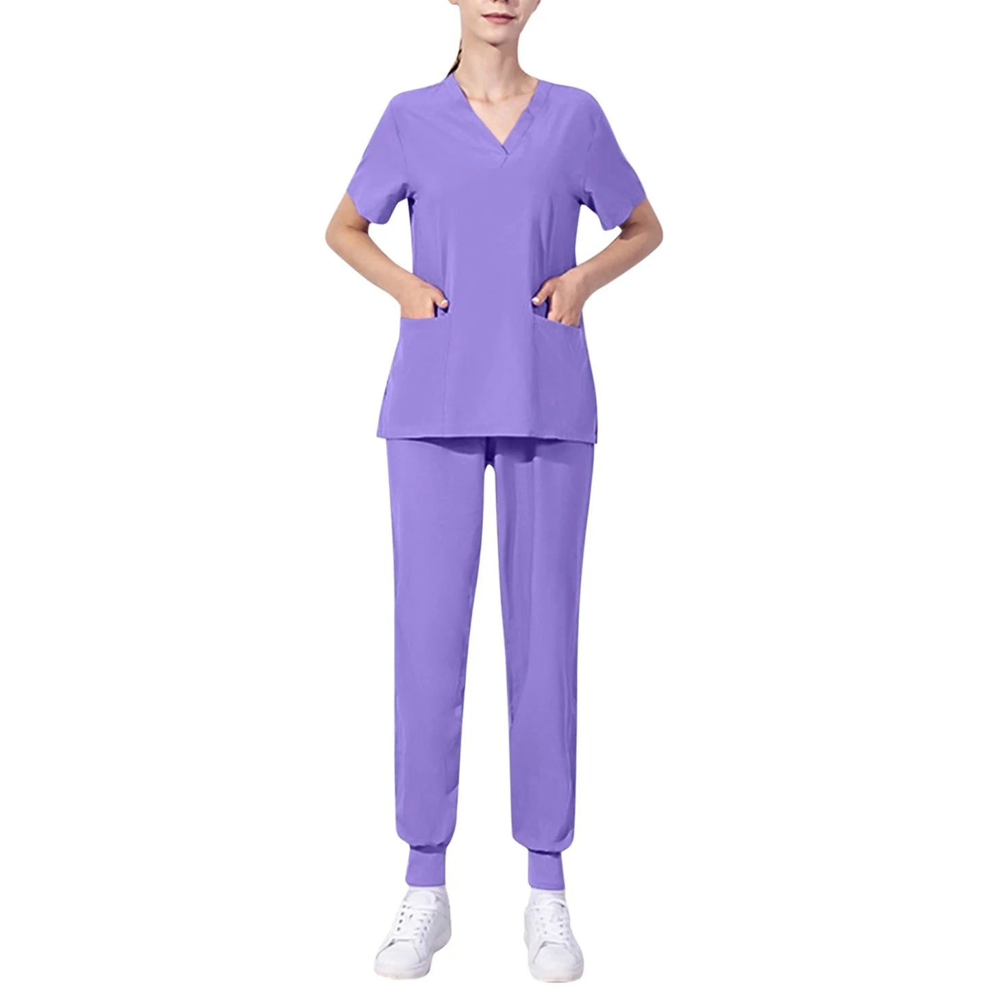 Nursing Uniforms Two Piece Unisex Shorts Scrub Sets Sleeve Pocket Top Tee Loose Pants Beauty Salon Workwear Overalls Plus Size